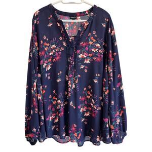 Torrid 3 Navy Floral Blouse Boho Cottagecore Flowy Pintuck Top Plus Size 3X